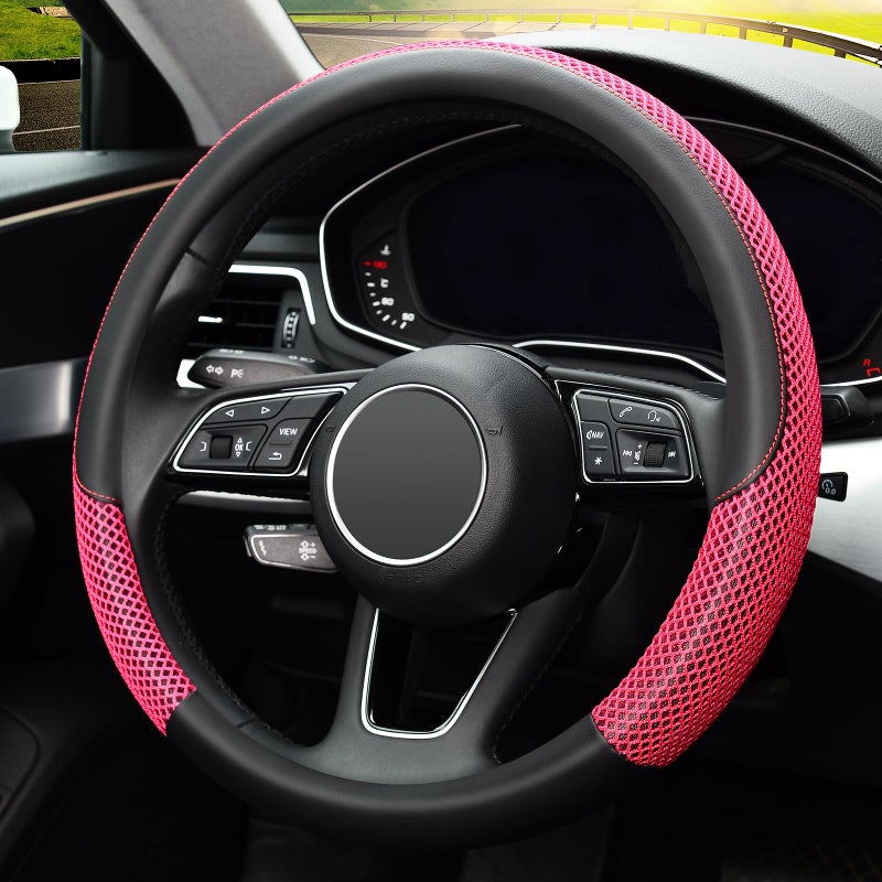 KAFEEK Steering Wheel Cover, Universal 15 inch, Microfiber Leather Viscose, Breathable, Anti-Slip,Warm in Winter and Cool in Summer, Black&Red - Image 3